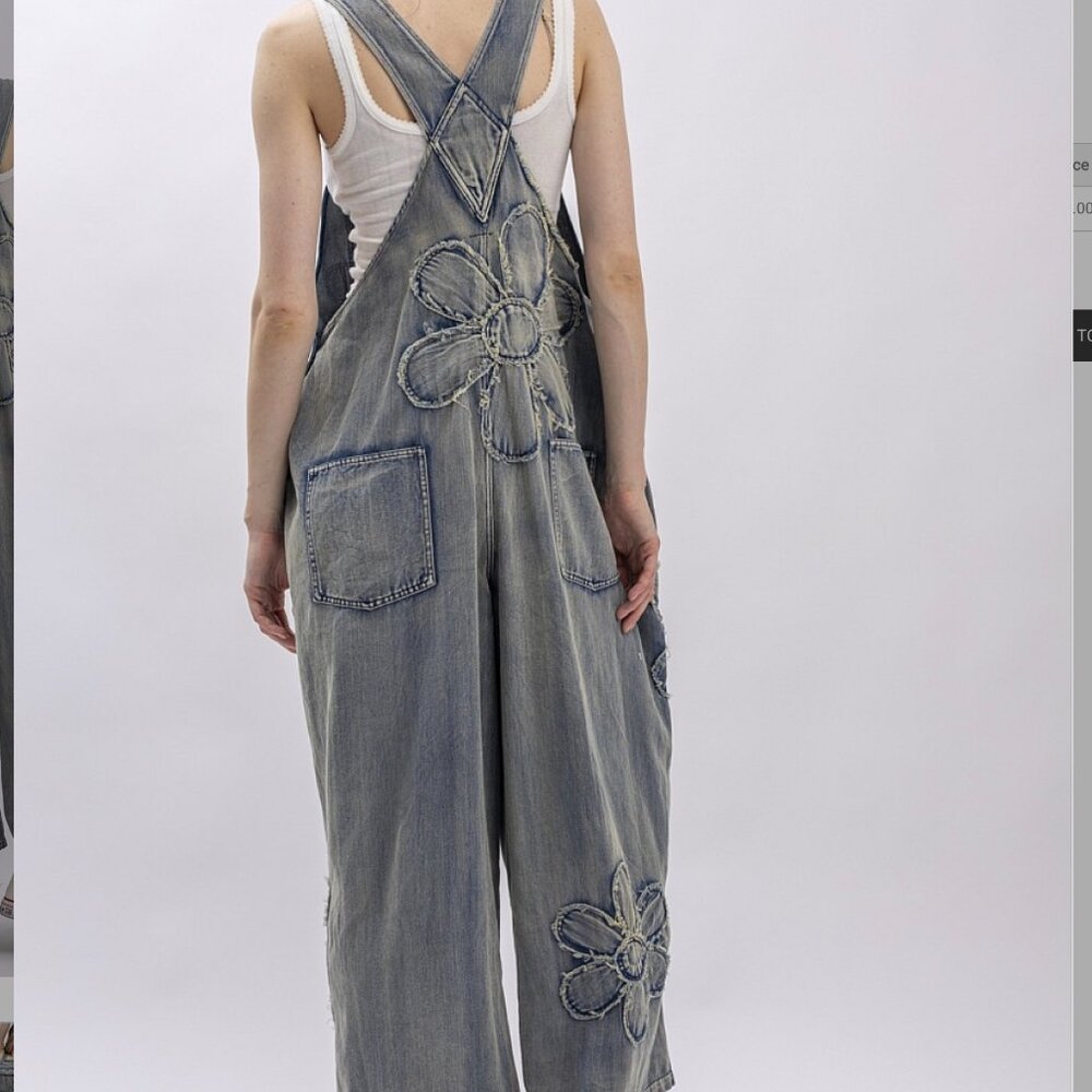 Blue Velvet Embroidery Flower Patchwork Denim Mineral Wash Overalls  NEW - Picture 2 of 2